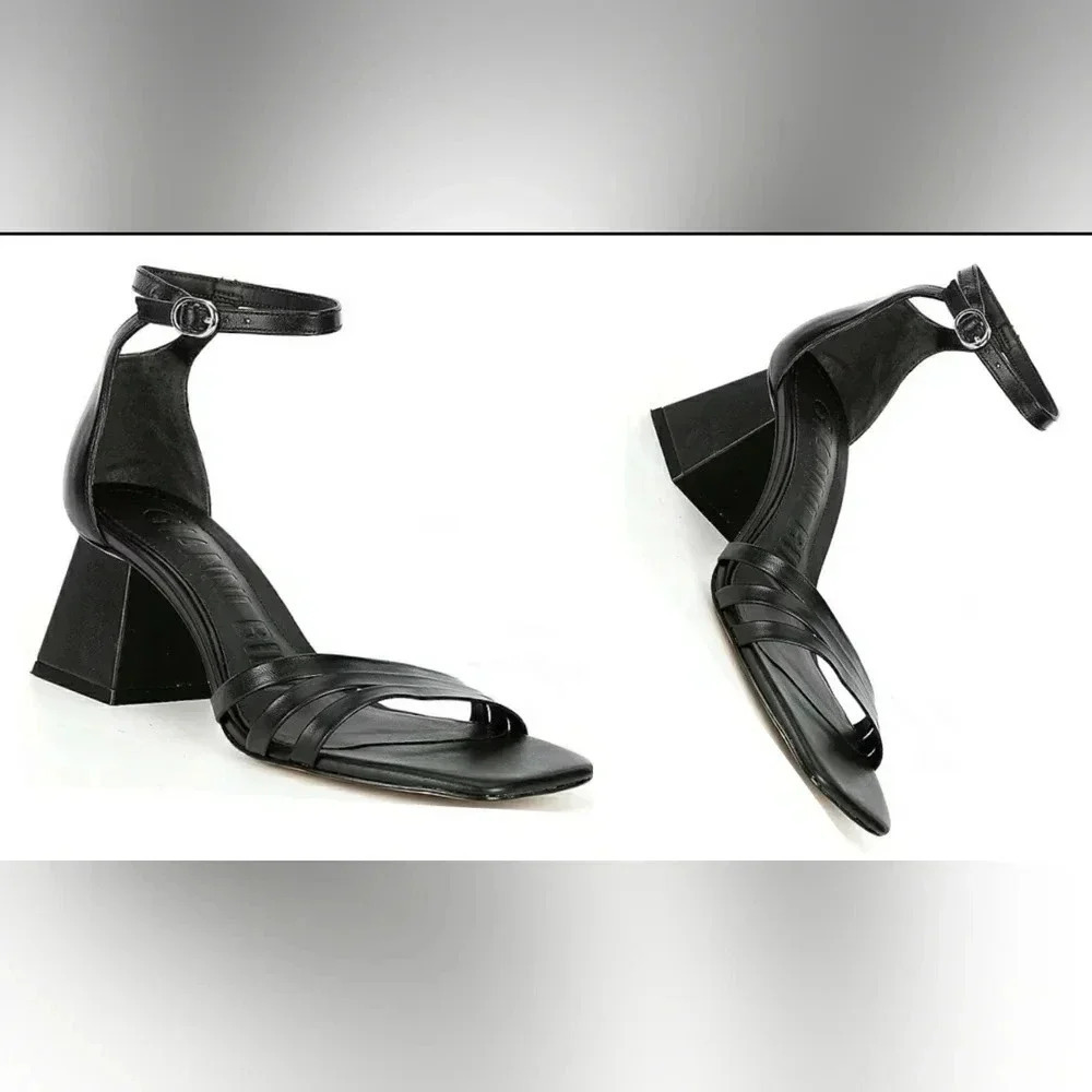 Sandals 10 Black Leather Block Heel Strappy Minimalist New